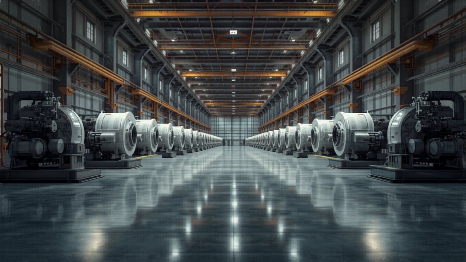 Industrial production line with rows of rotating equipment.