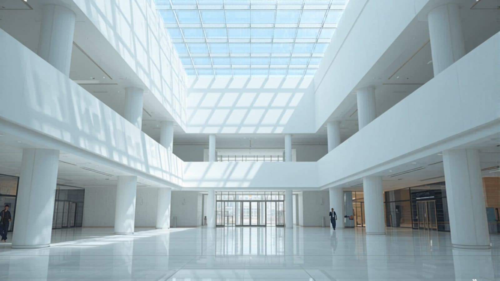 Bright atrium interior of a modern commercial mall.