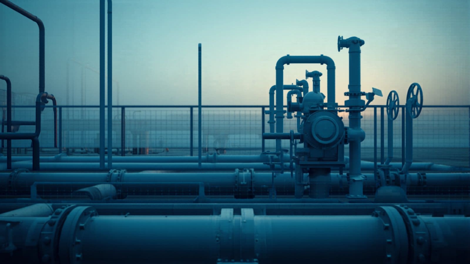 Pump station valves and pipework at twilight.