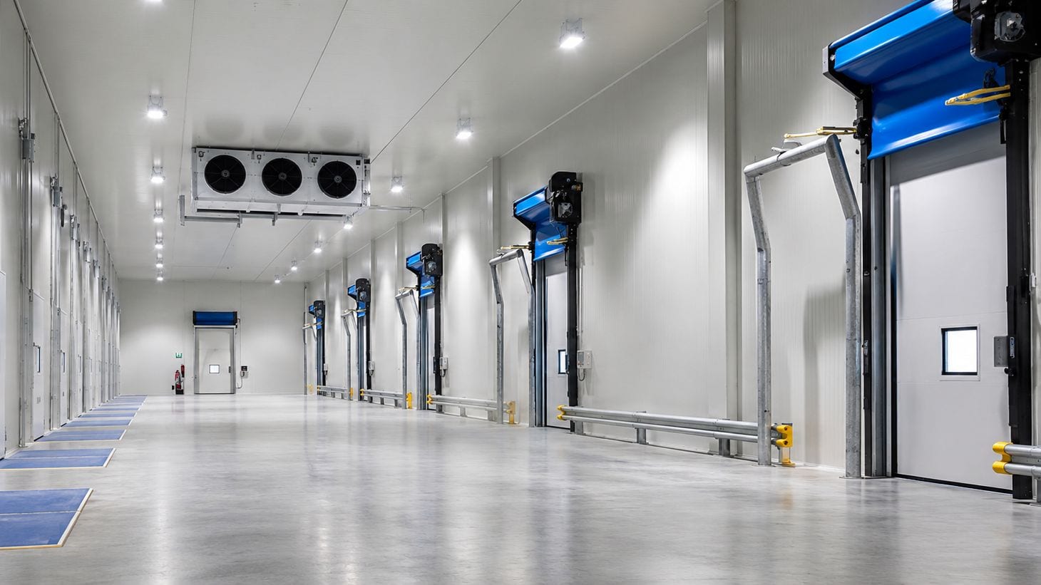 Industrial cold-room corridor with rapid-roll insulated doors and a ceiling evaporator unit in a UAE F&B facility.