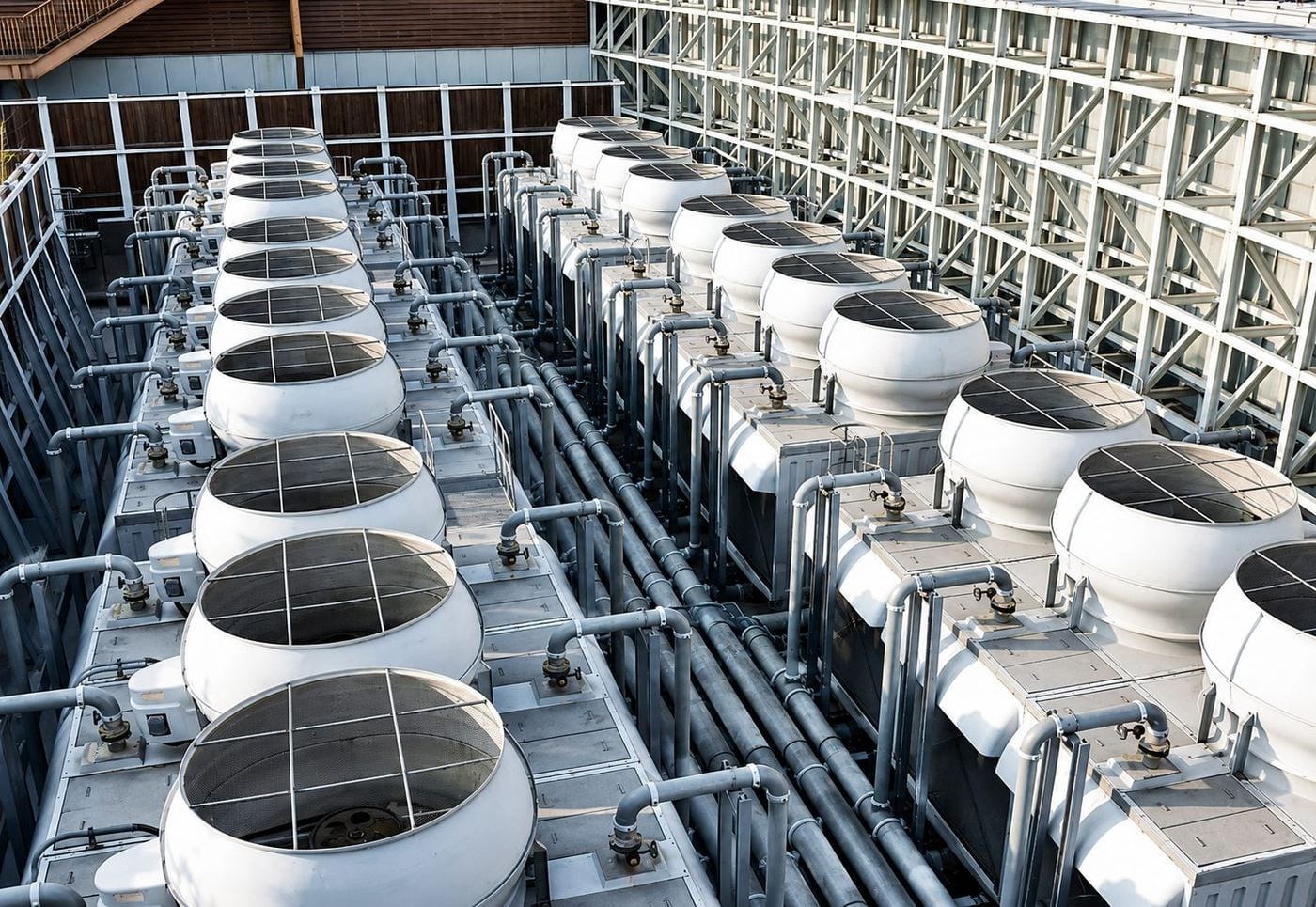 Close-up rooftop view of cooling-tower fan stacks at a UAE district cooling plant.